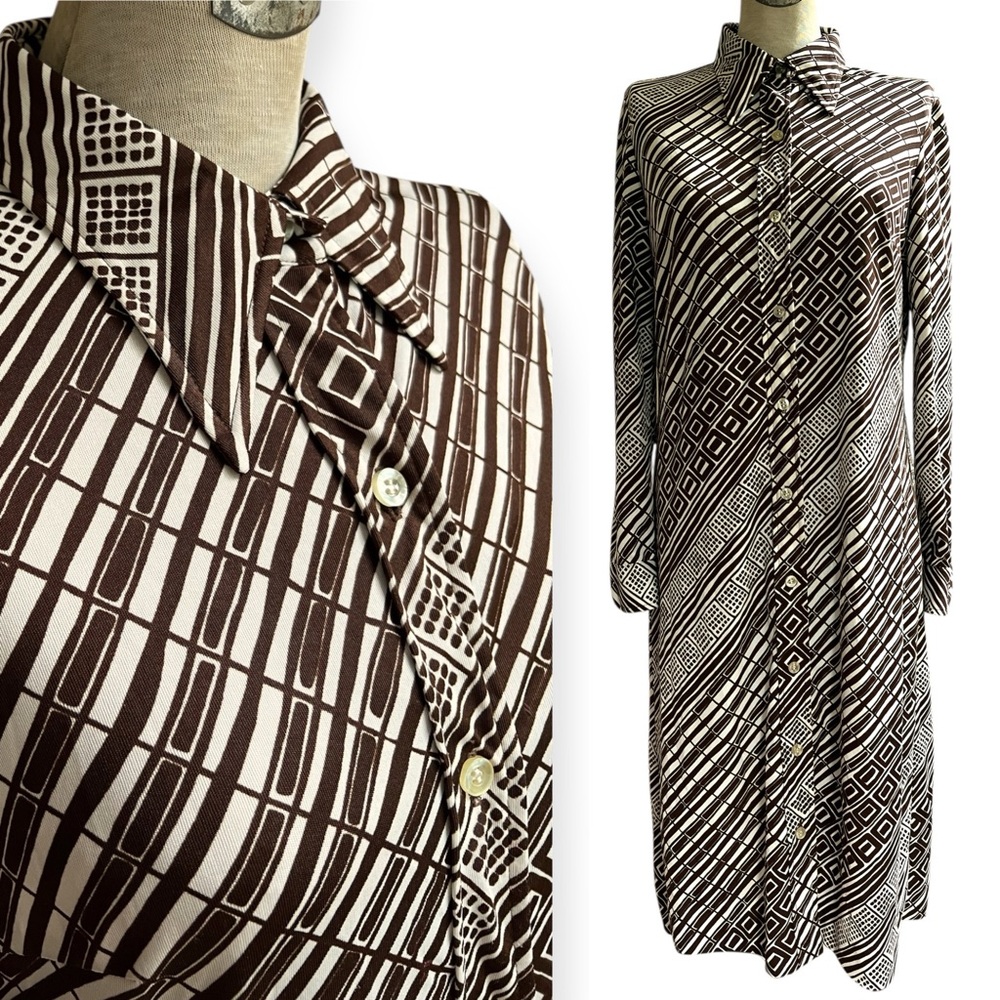 Vintage 70s Shirt Dress Dagger Collar Brown White